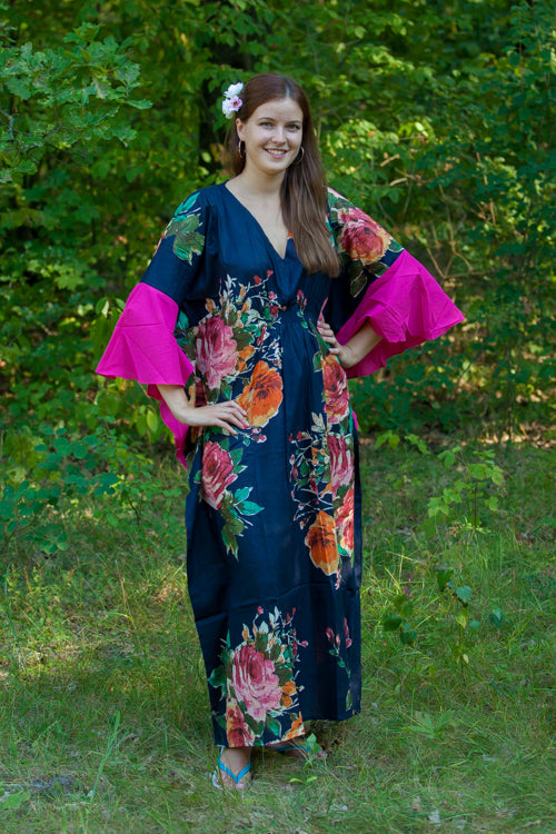 Navy Blue Ballerina Style Caftan in Large Floral Blossom