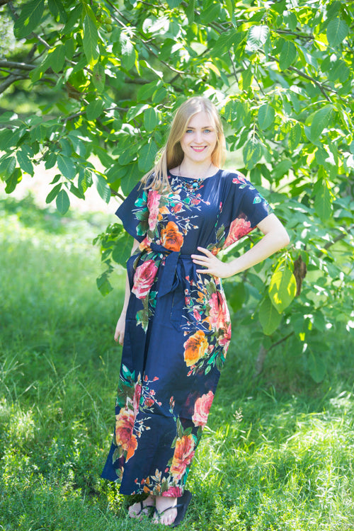 Navy Blue Divinely Simple Style Caftan in Large Floral Blossom Pattern