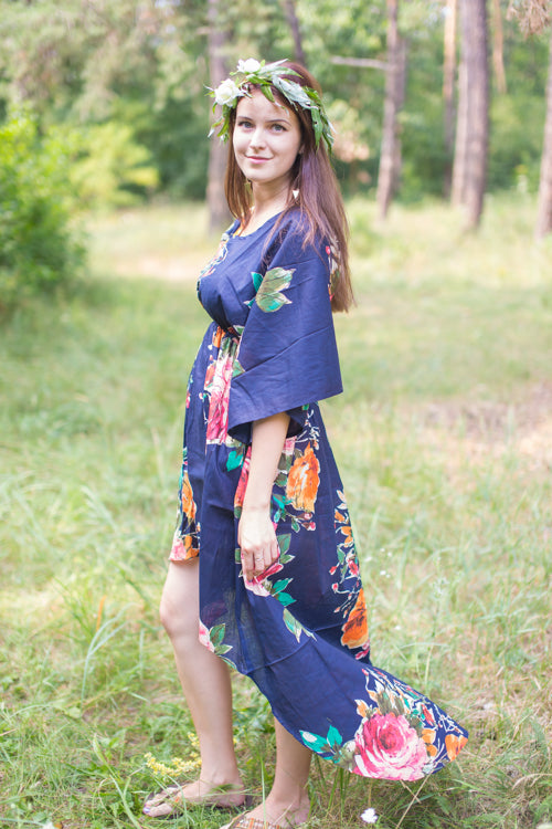 Navy Blue High Low Wind Flow Style Caftan in Large Floral Blossom Pattern