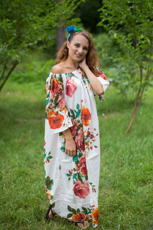 White Serene Strapless Style Caftan in Large Floral Blossom Pattern