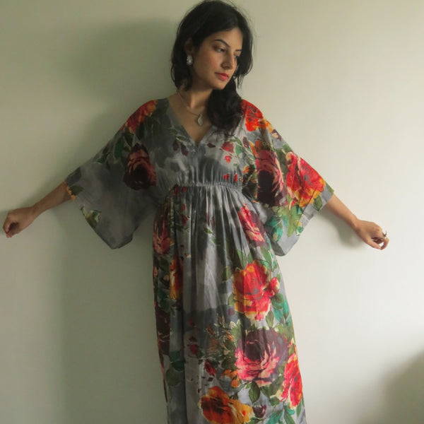 Gray I Wanna Fly Style Caftan in Large Floral Blossom Pattern