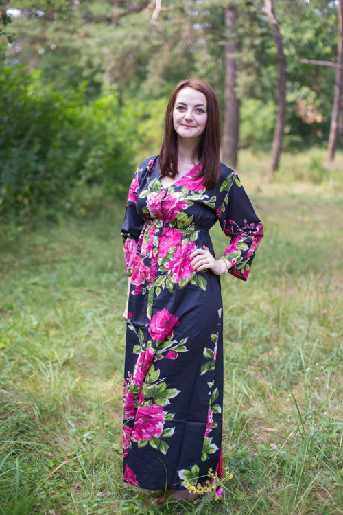 Black Button Me Down Style Caftan in Large Fuchsia Floral Blossom Pattern|Black Button Me Down Style Caftan in Large Fuchsia Floral Blossom Pattern|Large Fuchsia Floral Blossom