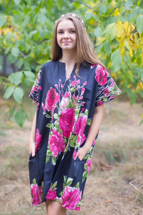 Black Sunshine Style Caftan in Large Fuchsia Floral Blossom Pattern