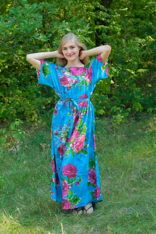 Blue Mademoiselle Style Caftan in Large Fuchsia Floral Blossom Pattern