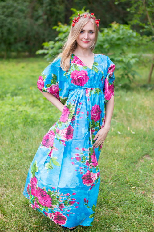 Blue I Wanna Fly Style Caftan in Large Fuchsia Floral Blossom Pattern