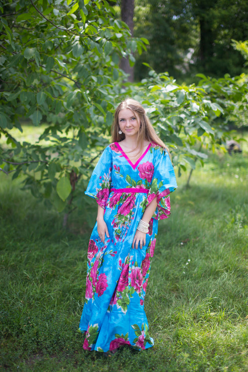 Blue Breezy Bohemian Style Caftan in Large Fuchsia Floral Blossom Pattern