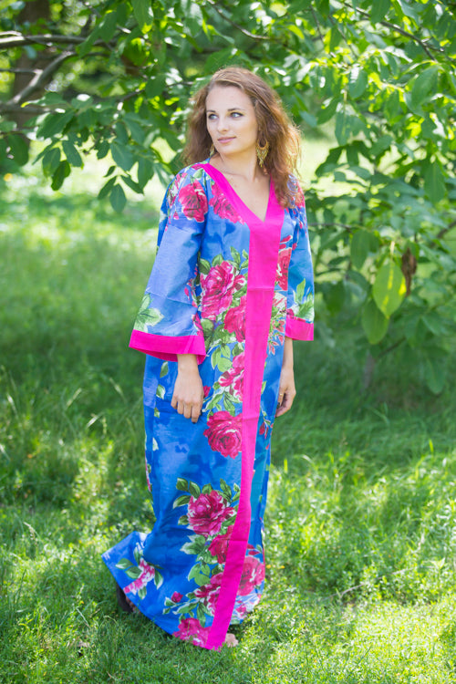 Cobalt Blue The Glow-within Style Caftan in Large Fuchsia Floral Blossom Pattern