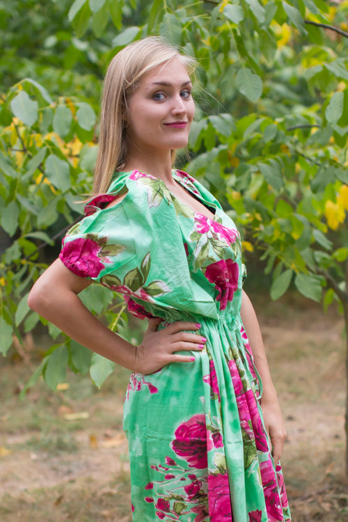 Mint Cut Out Cute Style Caftan in Large Fuchsia Floral Blossom Pattern