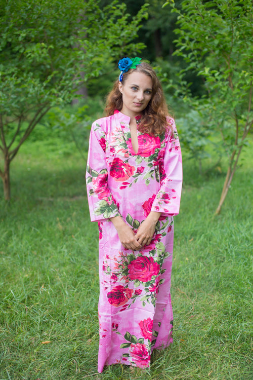 Pink Mandarin On My Mind Style Caftan in Large Fuchsia Floral Blossom Pattern