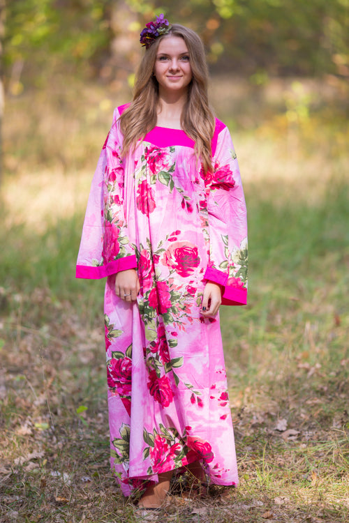 Pink Fire Maiden Style Caftan in Large Fuchsia Floral Blossom Pattern