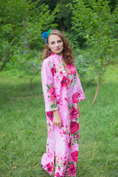 Pink Mandarin On My Mind Style Caftan in Large Fuchsia Floral Blossom Pattern|Pink Mandarin On My Mind Style Caftan in Large Fuchsia Floral Blossom Pattern|Large Fuchsia Floral Blossom