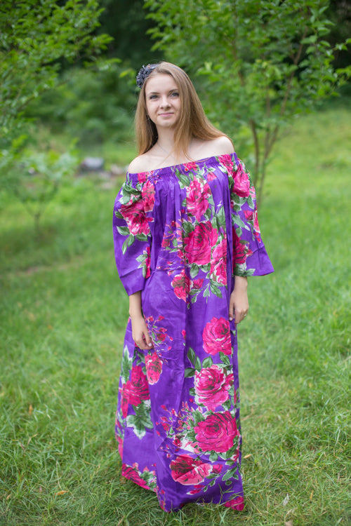 Purple Serene Strapless Style Caftan in Large Fuchsia Floral Blossom Pattern