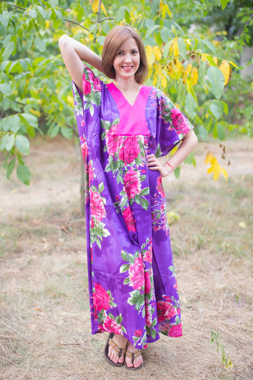 Purple Flowing River Style Caftan in Large Fuchsia Floral Blossom Pattern