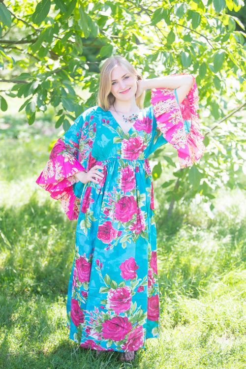 Teal Frill Lovers Style Caftan in Large Fuchsia Floral Blossom Pattern