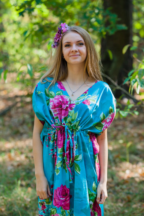 Teal Magic Sleeves Style Caftan in Large Fuchsia Floral Blossom Pattern