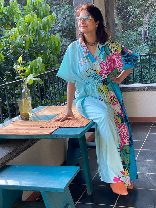 Jungle of Flowers V-Neck, Cinched Waist Ankle Length Caftan