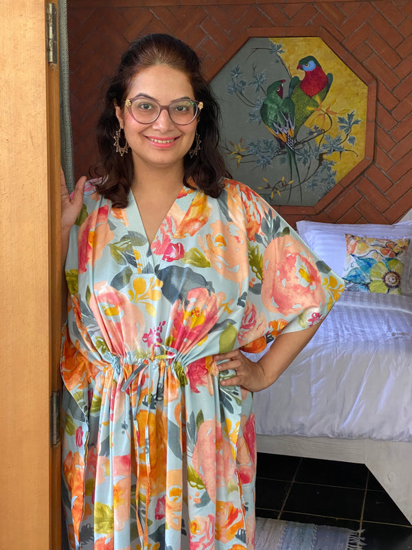 Her Petal Garden V-Neck, Cinched Waist Ankle Length Caftan