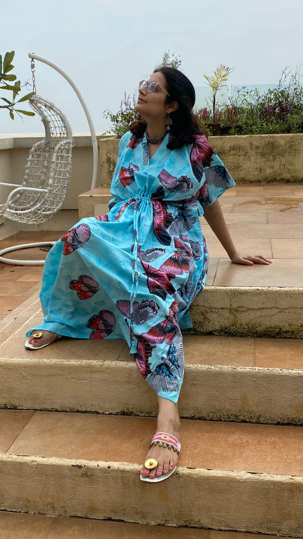 Butterfly Baby V-Neck, Cinched Waist Ankle Length Kaftan