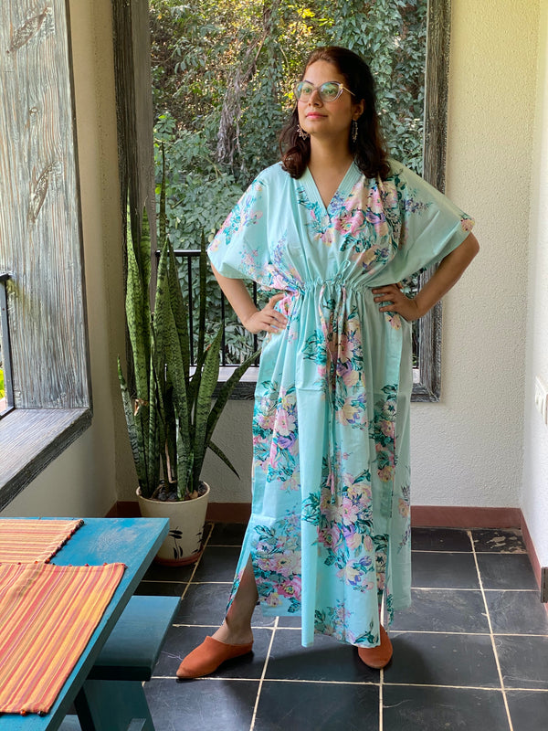 Blooming Flowers V-Neck, Cinched Waist Ankle Length Caftan