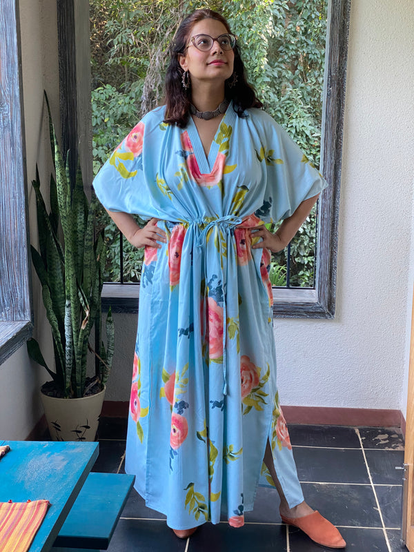 Smiling Blooms V-Neck, Cinched Waist Ankle Length Kaftan