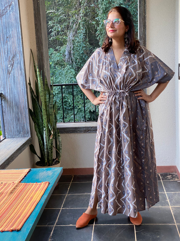 Chevron Dots V-Neck, Cinched Waist Ankle Length Caftan