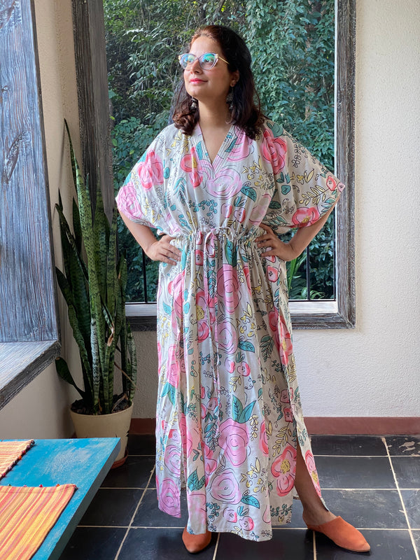 Whimsical Giggles V-Neck, Cinched Waist Ankle Length Caftan