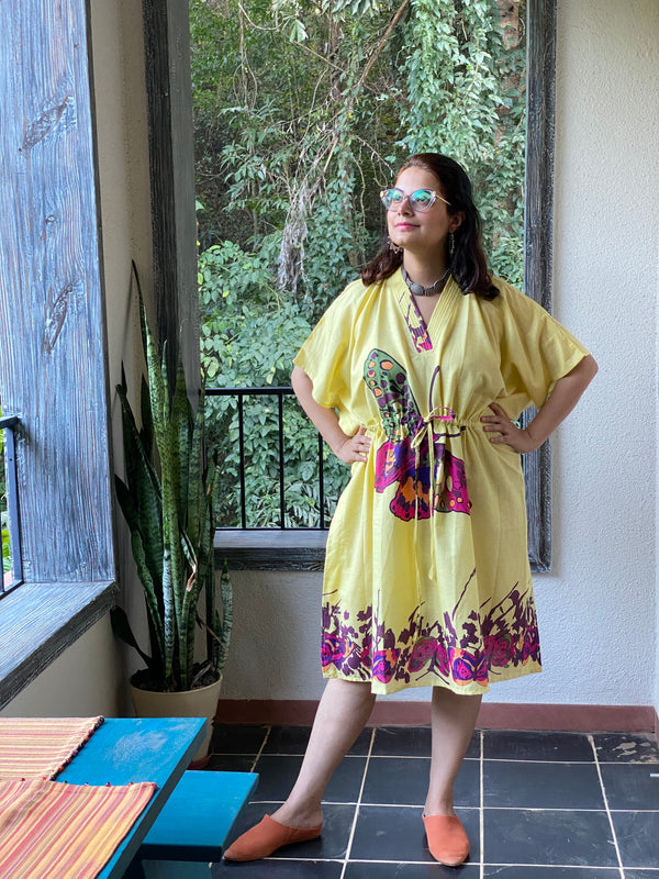 Big Butterfly V-Neck, Knee Length, Cinched Waist Caftan