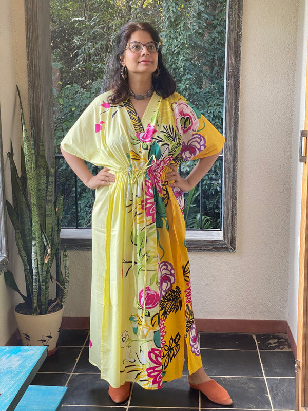 Jungle of Flowers V-Neck, Cinched Waist Ankle Length Caftan