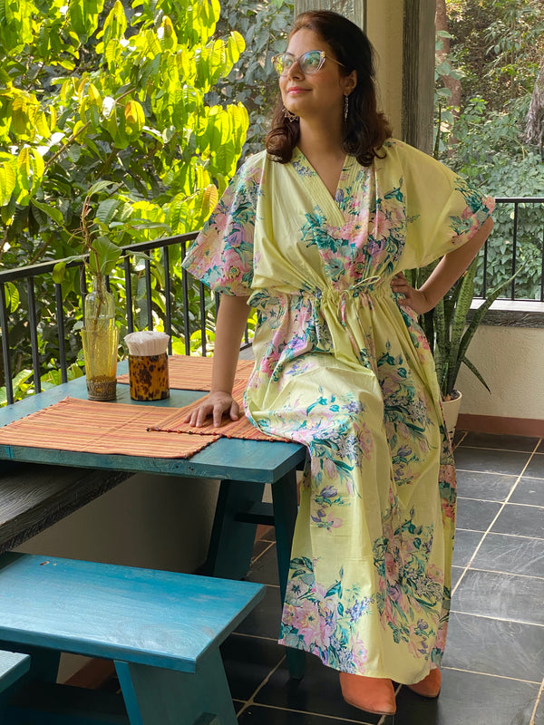 Blooming Flowers V-Neck, Cinched Waist Ankle Length Caftan