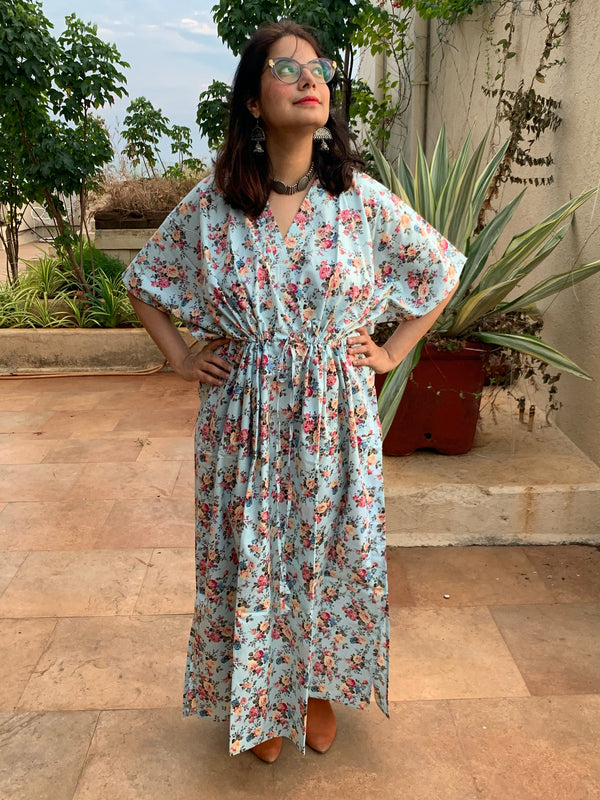 Vintage Floral Chic V-Neck, Cinched Waist Ankle Length Kaftan