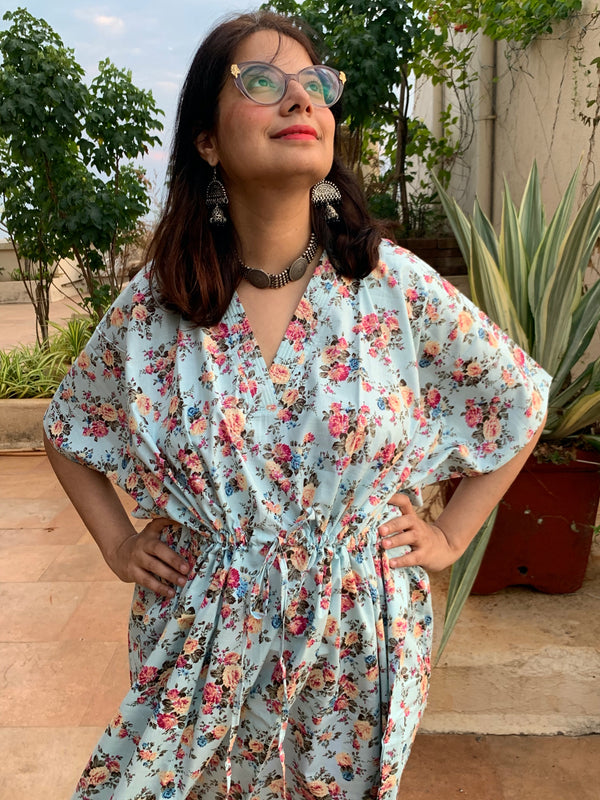 Vintage Floral Chic V-Neck, Cinched Waist Ankle Length Kaftan