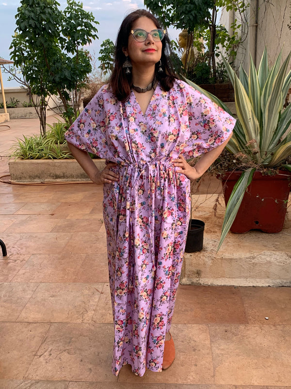 Vintage Floral Chic V-Neck, Cinched Waist Ankle Length Kaftan