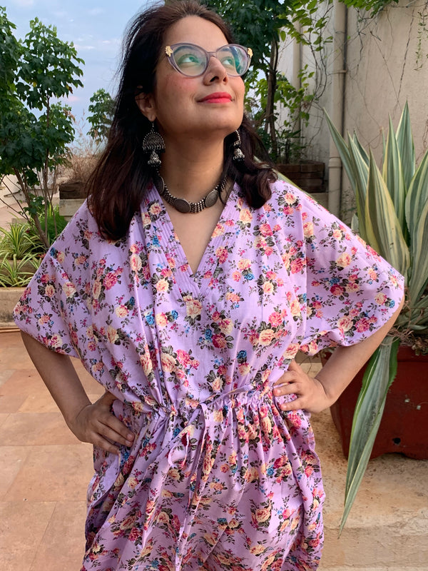 Vintage Floral Chic V-Neck, Cinched Waist Ankle Length Kaftan