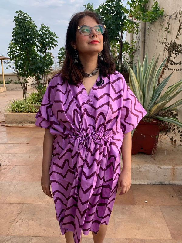 Chevron V-Neck, Knee Length, Cinched Waist Caftan