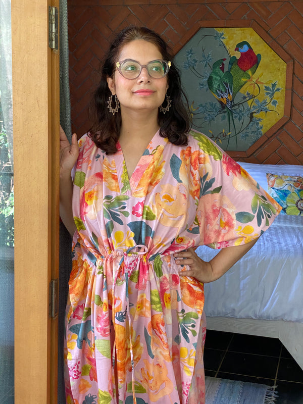 Her Petal Garden V-Neck, Cinched Waist Ankle Length Caftan