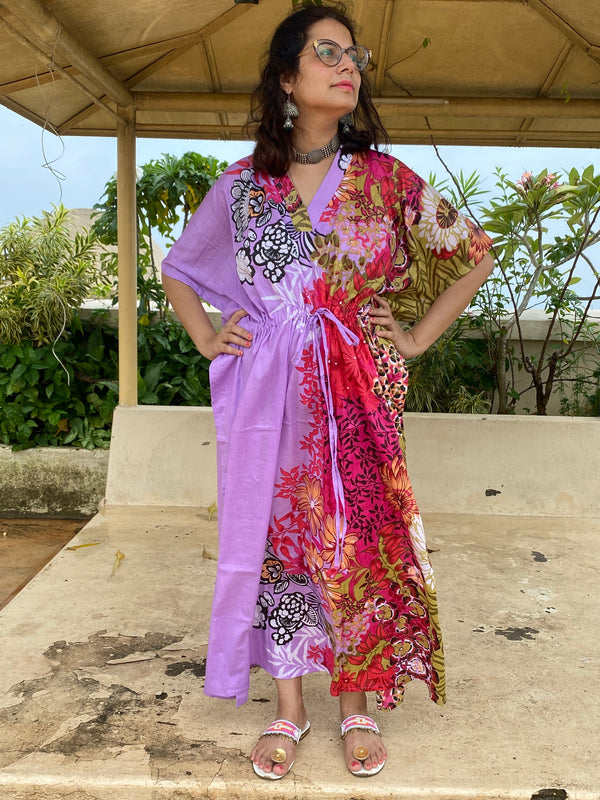 Vibrant Foliage V-Neck, Cinched Waist Ankle Length Kaftan