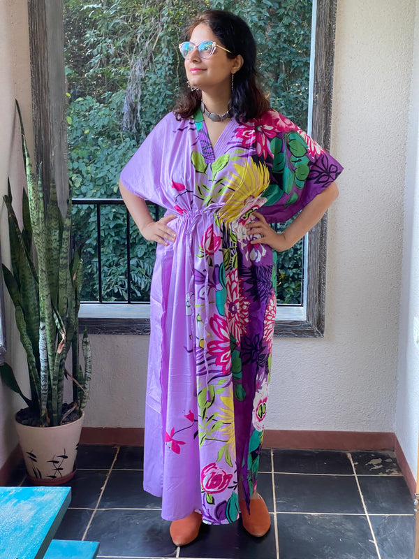 Jungle of Flowers V-Neck, Cinched Waist Ankle Length Kaftan
