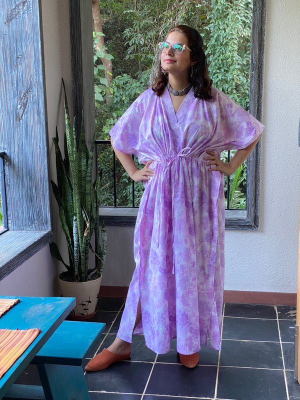 Ombre Fading Leaves V-Neck, Cinched Waist Ankle Length Caftan