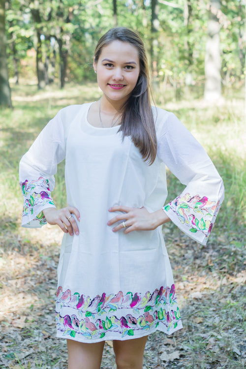 White Bella Tunic Style Caftan in Little Chirpies Pattern