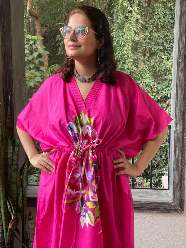 One Long Flower V-Neck, Knee Length, Cinched Waist Caftan