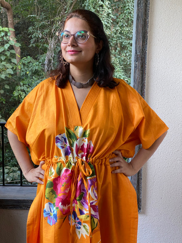 One Long Flower V-Neck, Knee Length, Cinched Waist Kaftan