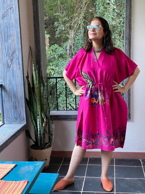 Big Butterfly V-Neck, Knee Length, Cinched Waist Caftan
