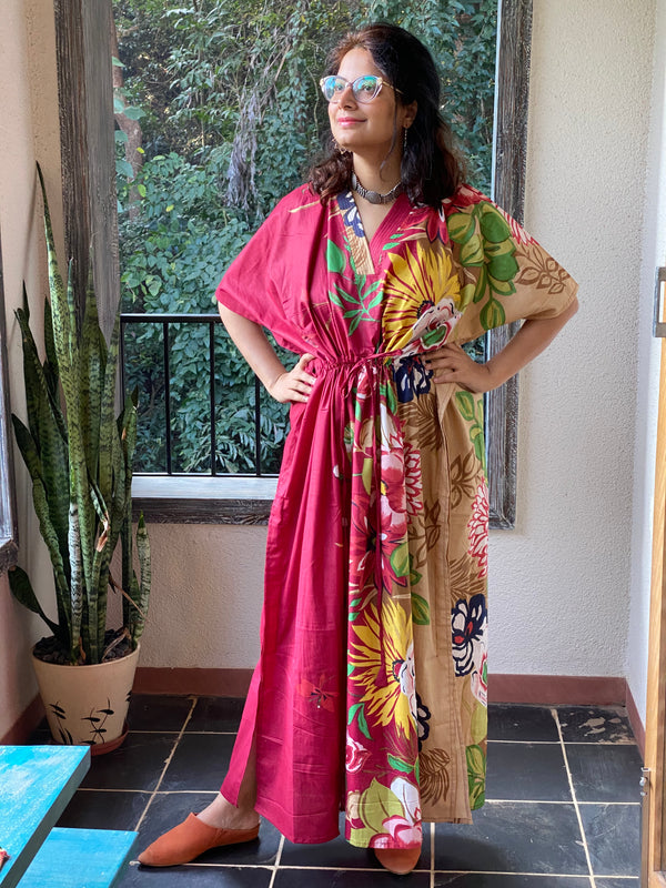 Jungle of Flowers V-Neck, Cinched Waist Ankle Length Caftan
