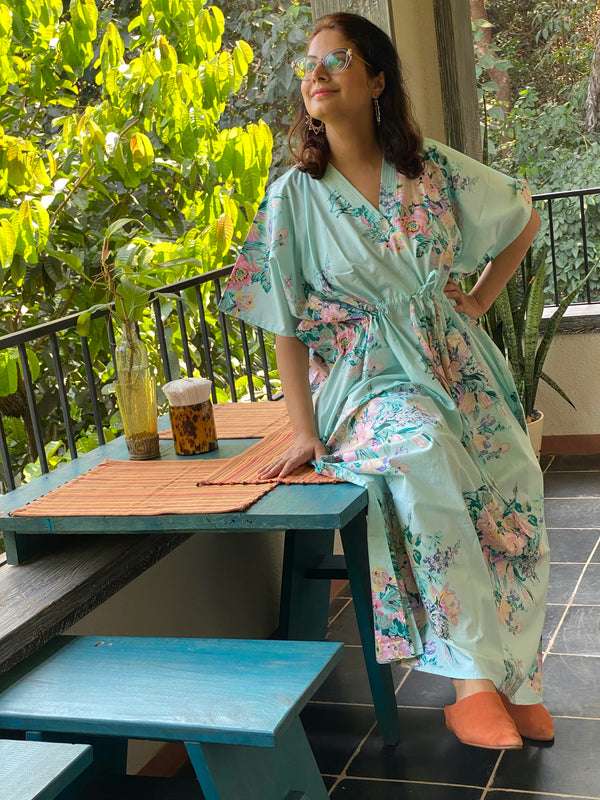 Blooming Flowers V-Neck, Cinched Waist Ankle Length Caftan