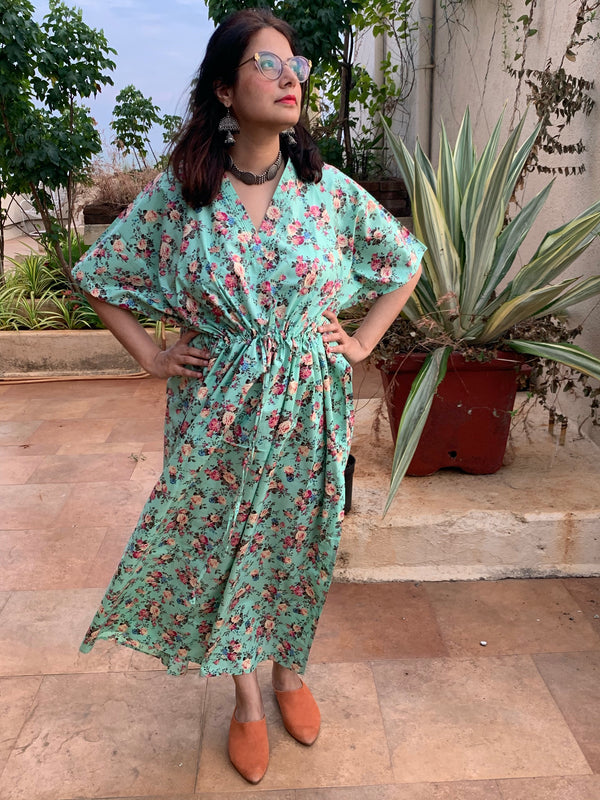 Vintage Floral Chic V-Neck, Cinched Waist Ankle Length Kaftan