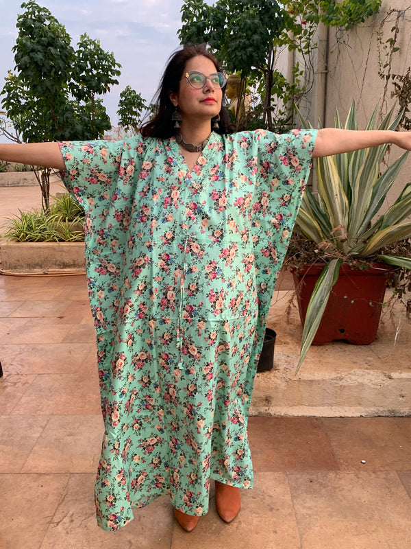 Vintage Floral Chic V-Neck, Cinched Waist Ankle Length Kaftan