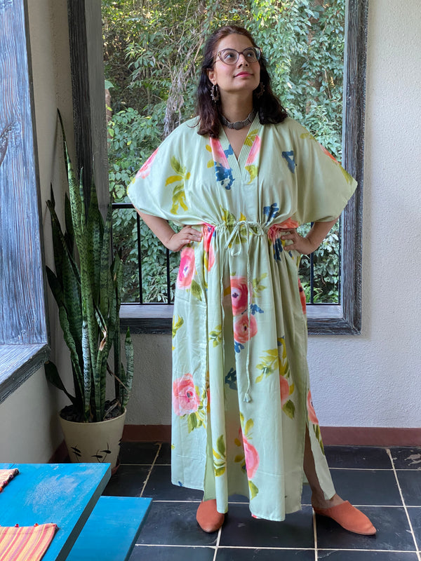 Smiling Blooms V-Neck, Cinched Waist Ankle Length Kaftan