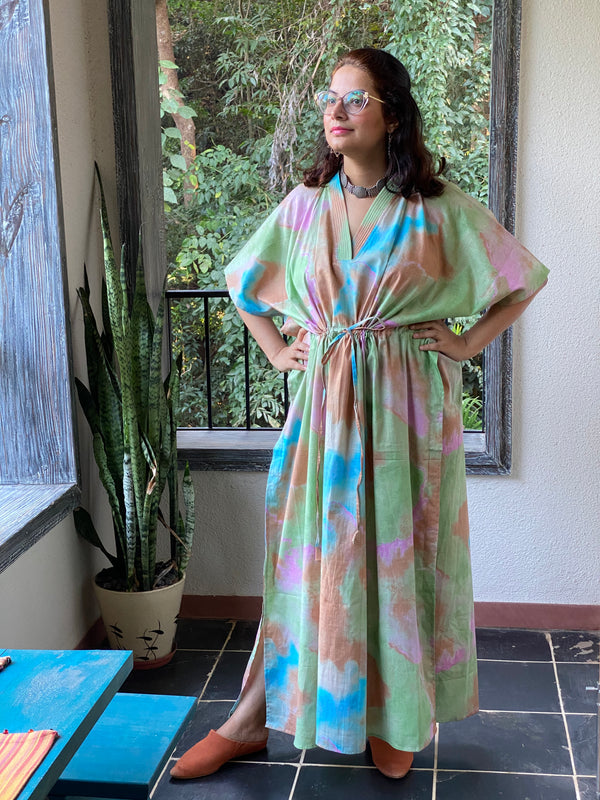 Batik Watercolor V-Neck, Cinched Waist Ankle Length Caftan