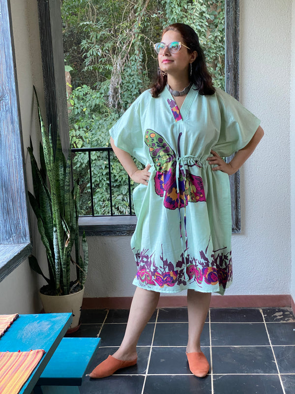 Big Butterfly V-Neck, Knee Length, Cinched Waist Caftan