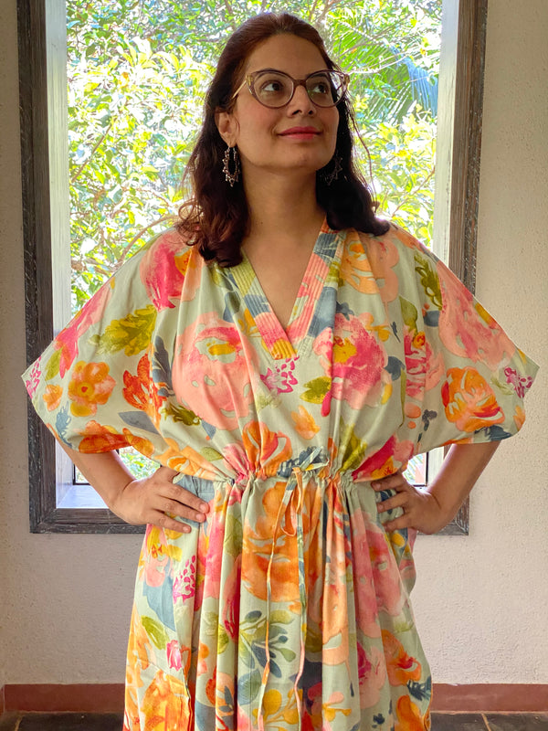Her Petal Garden V-Neck, Cinched Waist Ankle Length Kaftan
